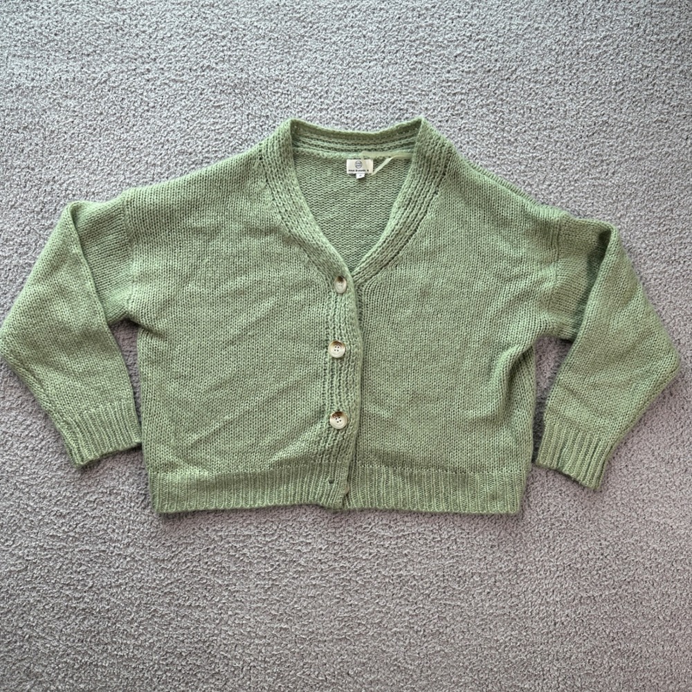 Pink Diamond Cropped Knit Cardigan Button Front V Neck Sweater Small Light Green